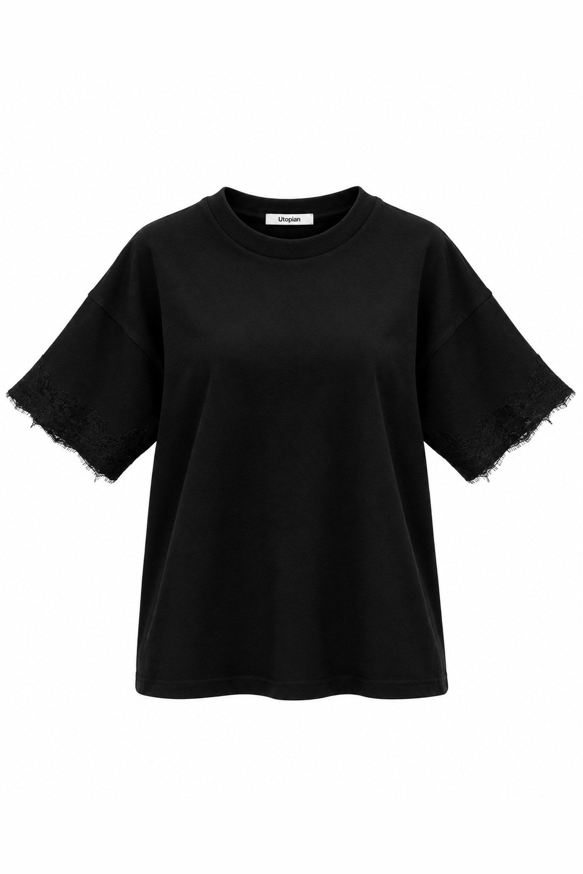 Dantel Detaylı Regular T-Shirt - SİYAH - 1