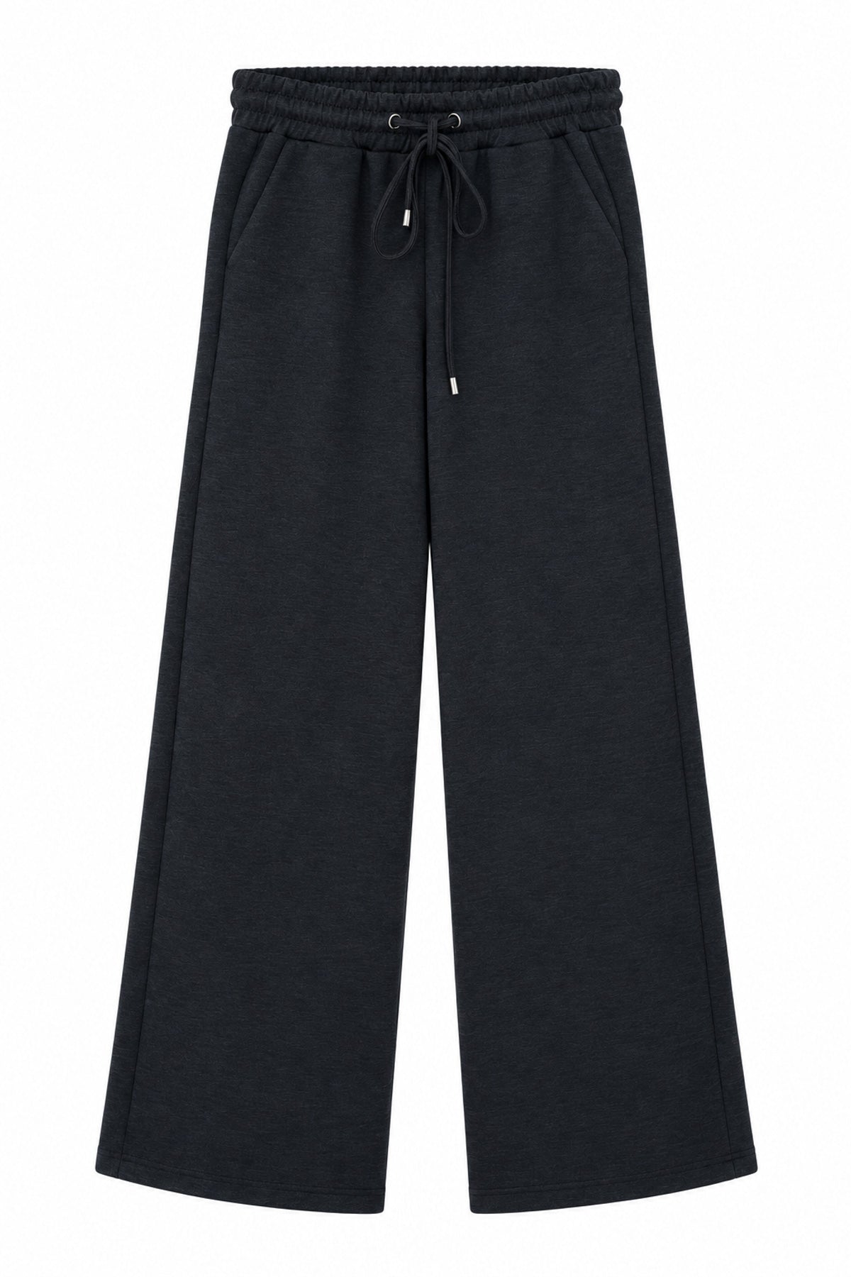 Beli Lastikli Bağcıklı Geniş Paça Pantolon - Siyah