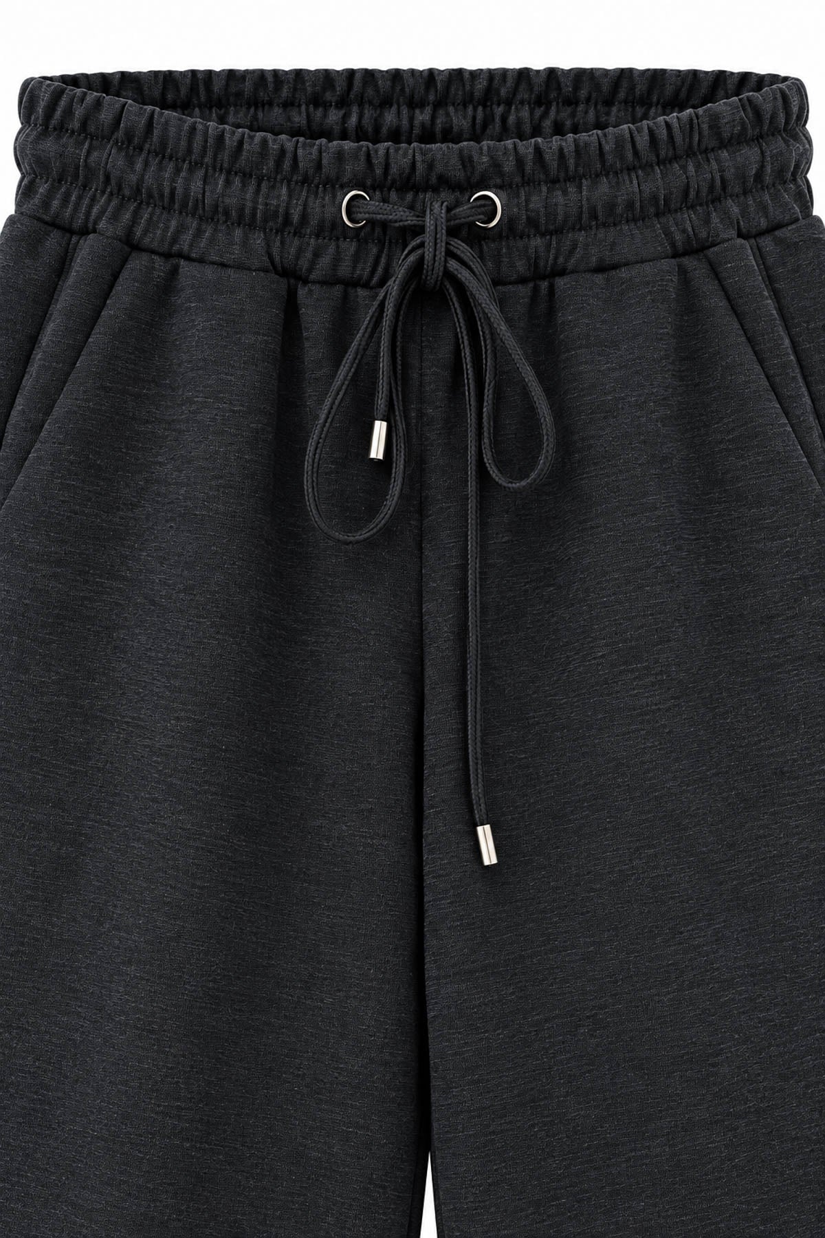 Beli Lastikli Bağcıklı Geniş Paça Pantolon - Siyah