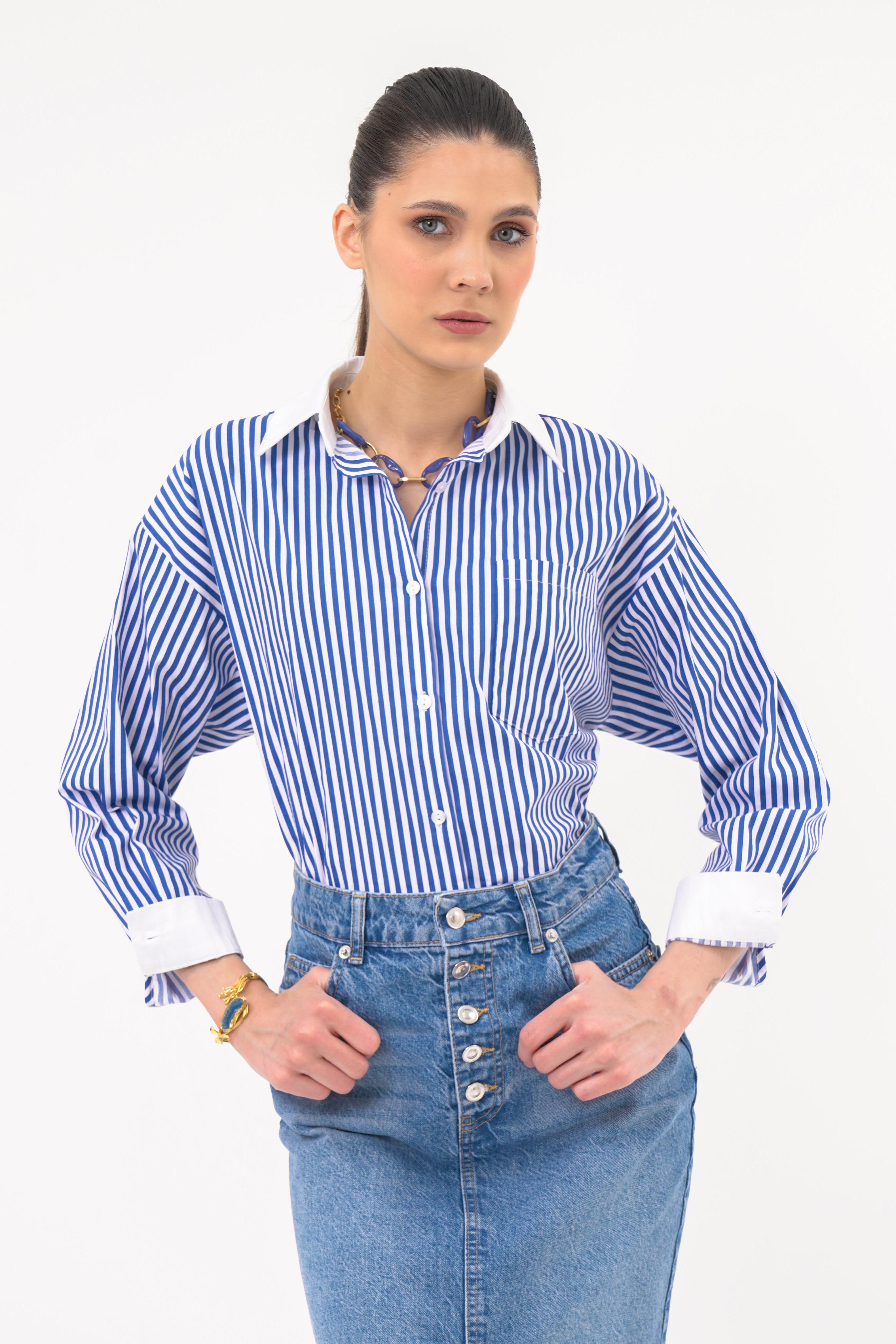 Oversize Çizgili Gömlek EKRU-LACİVERT