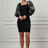 Kare Yaka Slim Fit Elbise YEŞİL