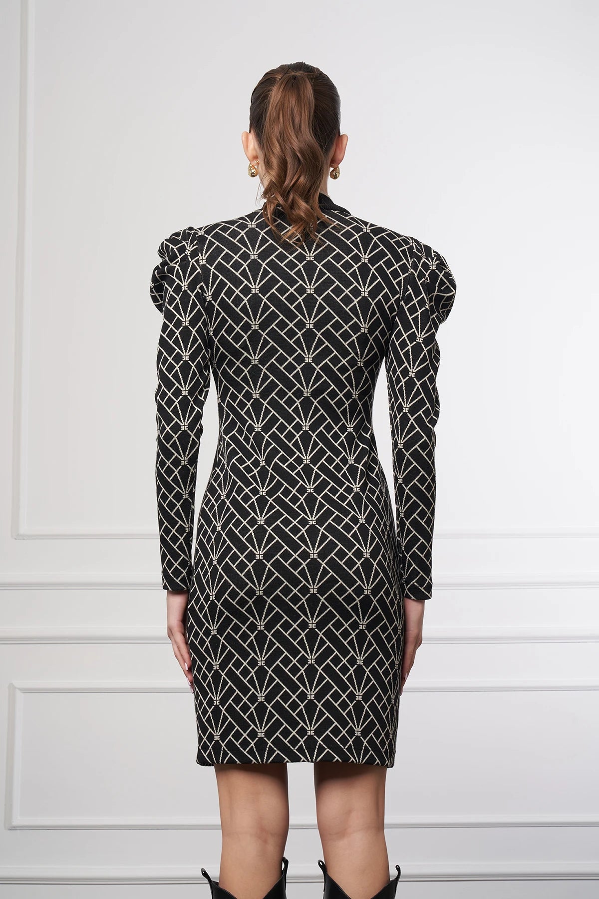 Slim Fit Desenli Elbise SİYAH-BEYAZ