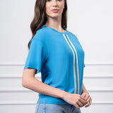 Geniş Yaka Şerit Detaylı Bluz MAVİ