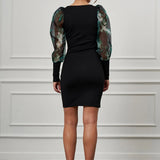 Kare Yaka Slim Fit Elbise YEŞİL