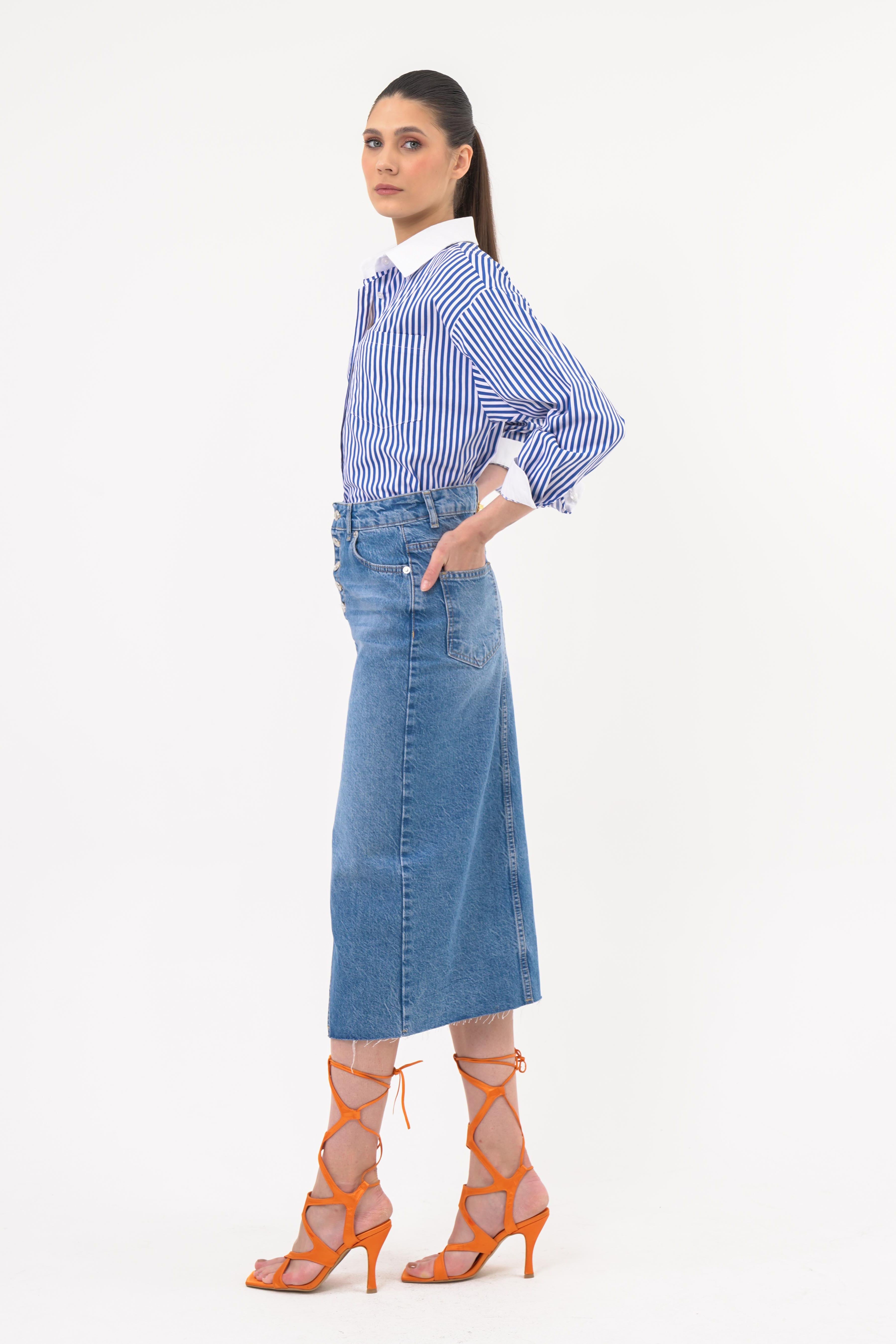 Oversize Çizgili Gömlek EKRU-LACİVERT