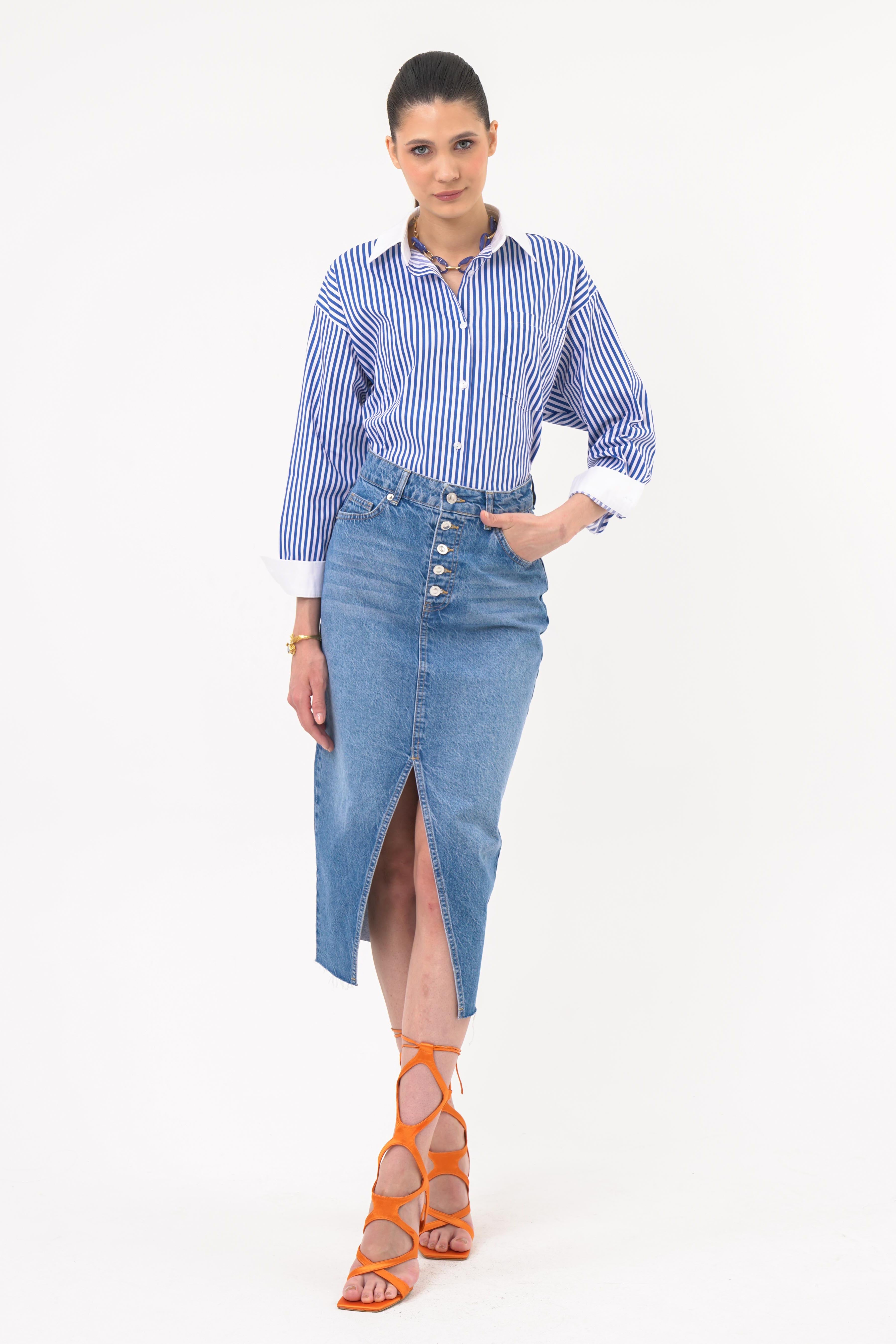 Oversize Çizgili Gömlek EKRU-LACİVERT