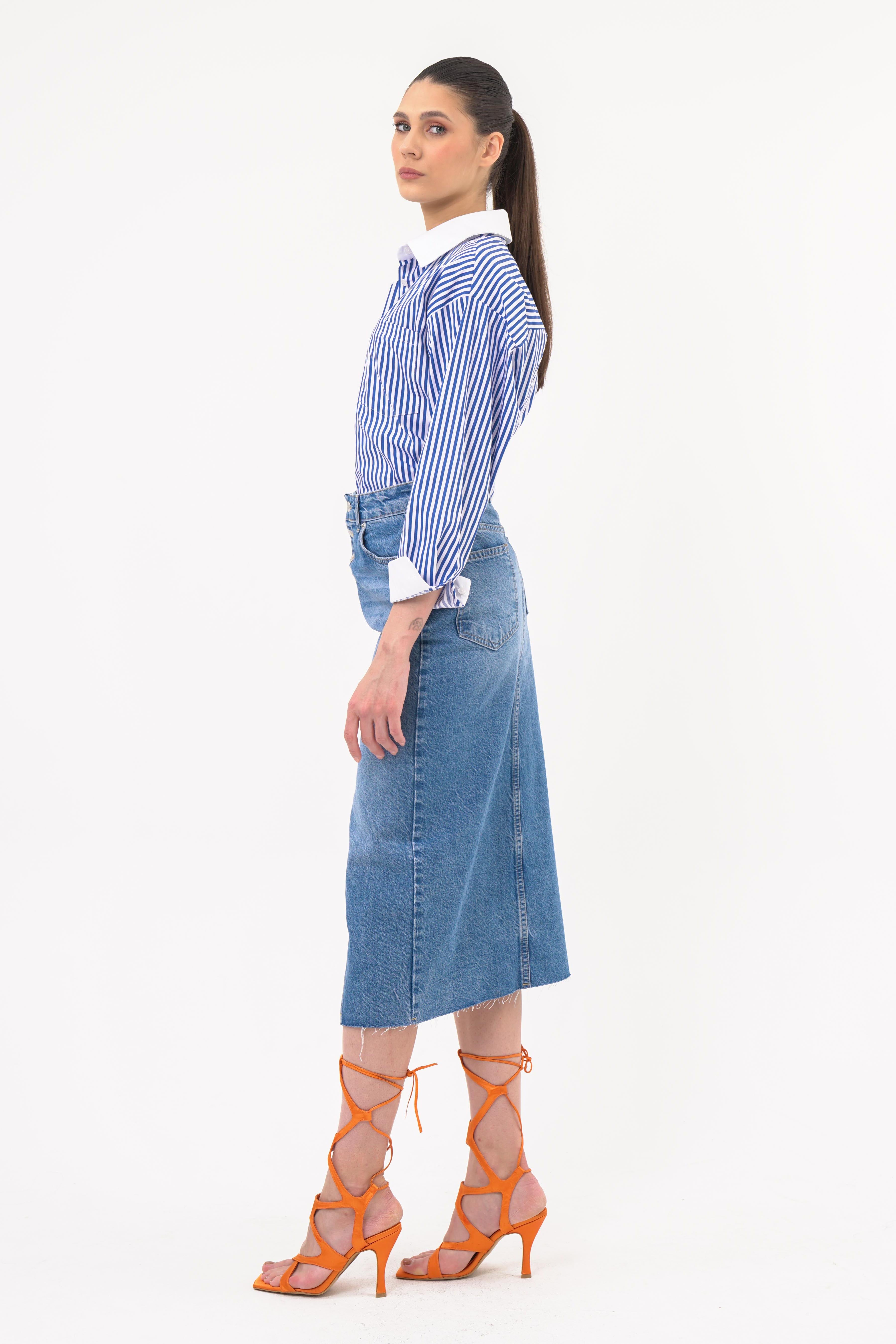 Oversize Çizgili Gömlek EKRU-LACİVERT
