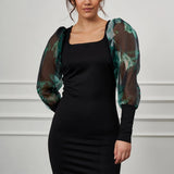 Kare Yaka Slim Fit Elbise YEŞİL