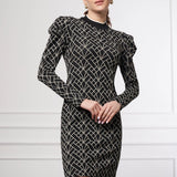 Slim Fit Desenli Elbise SİYAH-BEYAZ