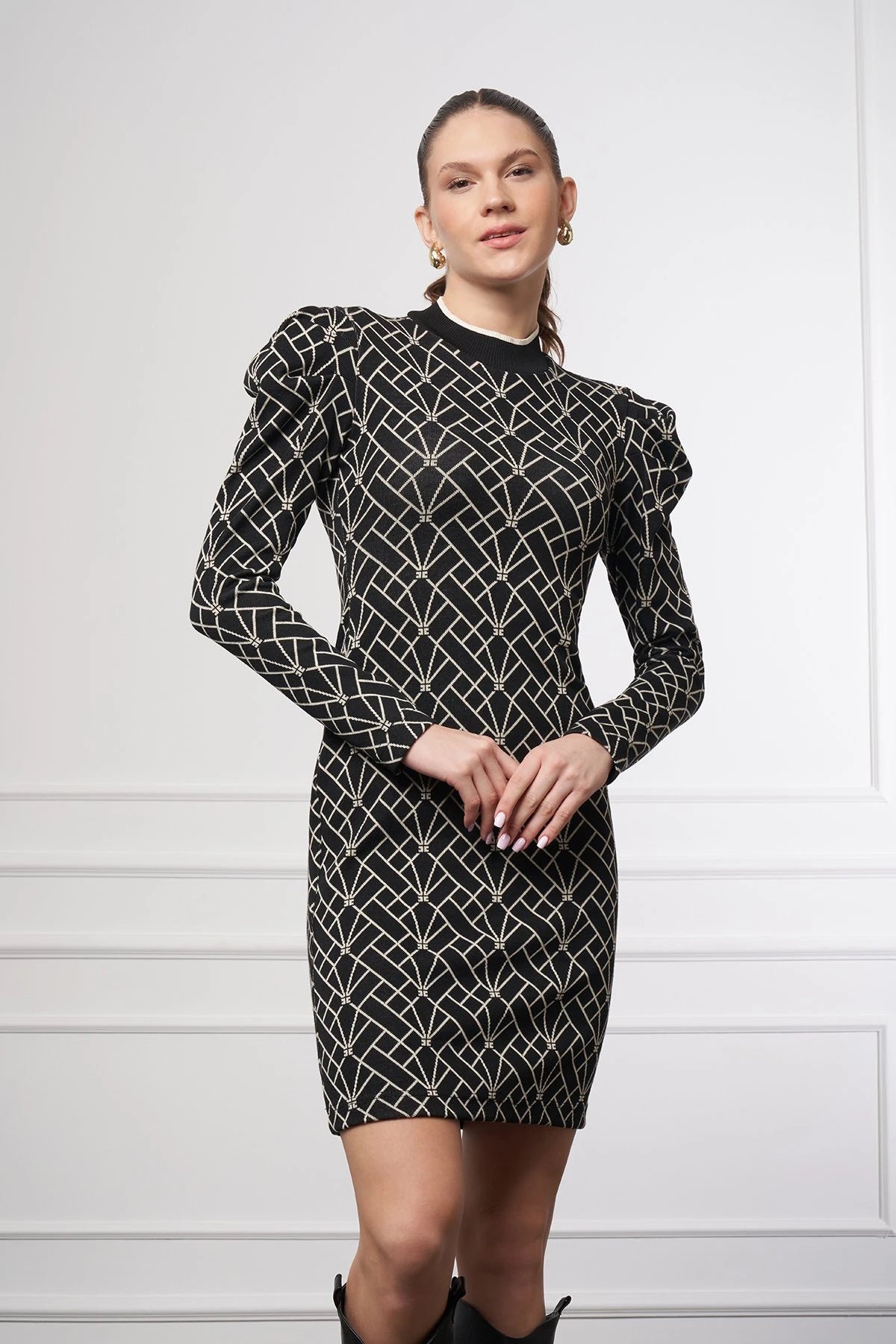 Slim Fit Desenli Elbise SİYAH-BEYAZ