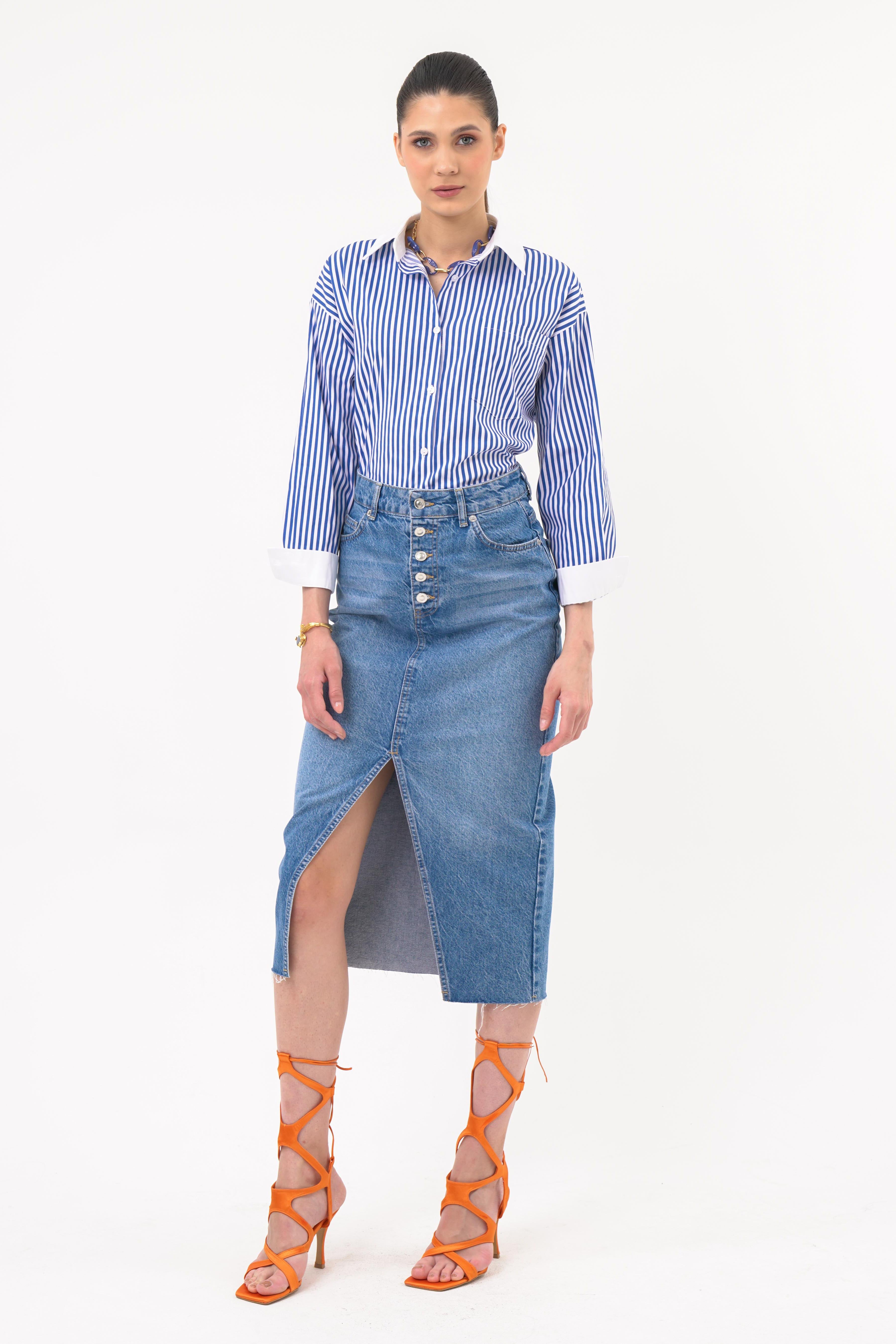 Oversize Çizgili Gömlek EKRU-LACİVERT