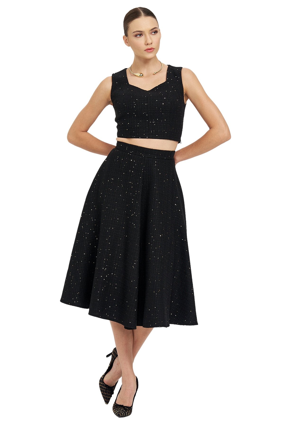 Pul Detaylı Crop Bluz SİYAH