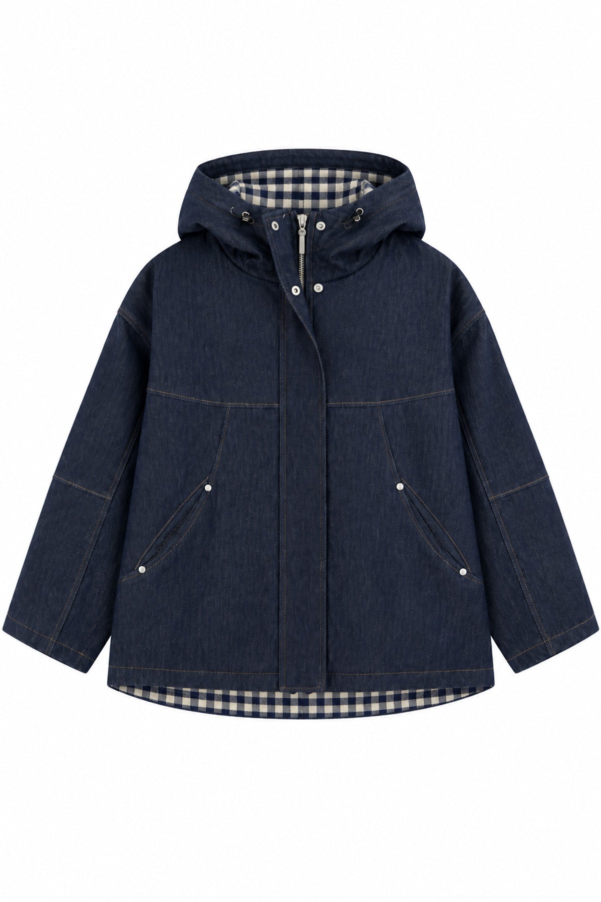 Kapüşonlu Ekose Astar Detaylı Denim Mont