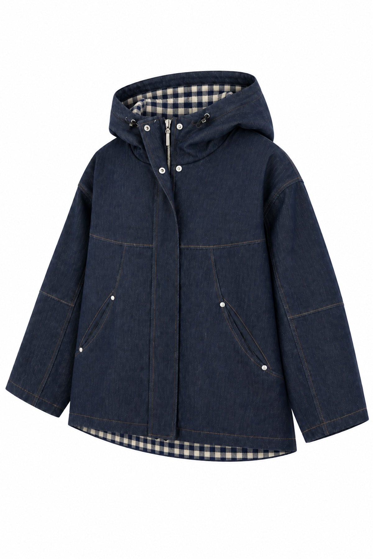 Kapüşonlu Ekose Astar Detaylı Denim Mont