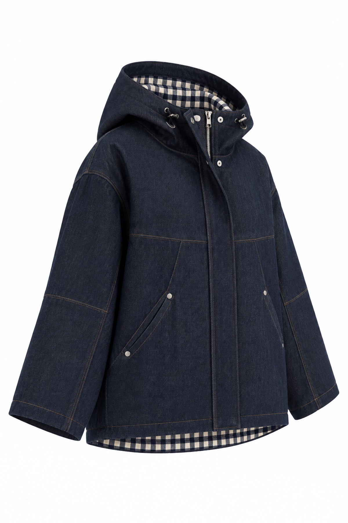 Kapüşonlu Ekose Astar Detaylı Denim Mont