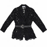 Metal Toka Kemerli Dantel Kumaş Ceket - Siyah