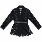 Metal Toka Kemerli Dantel Kumaş Ceket - Siyah