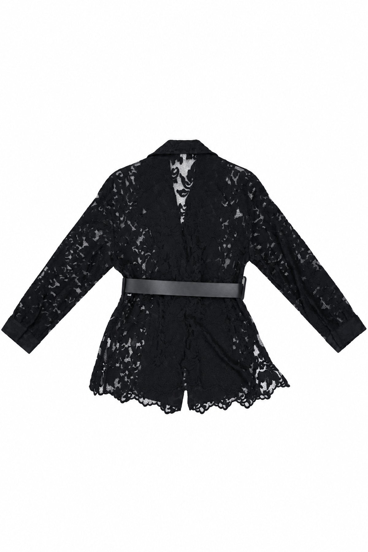 Metal Toka Kemerli Dantel Kumaş Ceket - Siyah