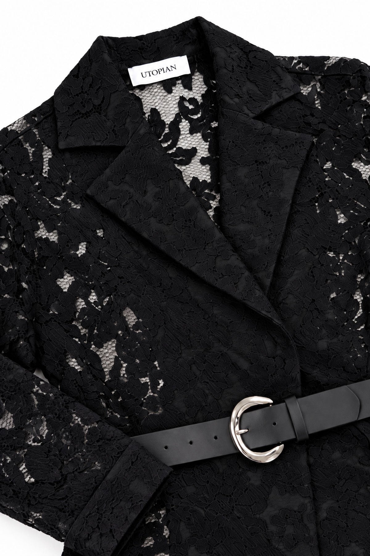 Metal Toka Kemerli Dantel Kumaş Ceket - Siyah